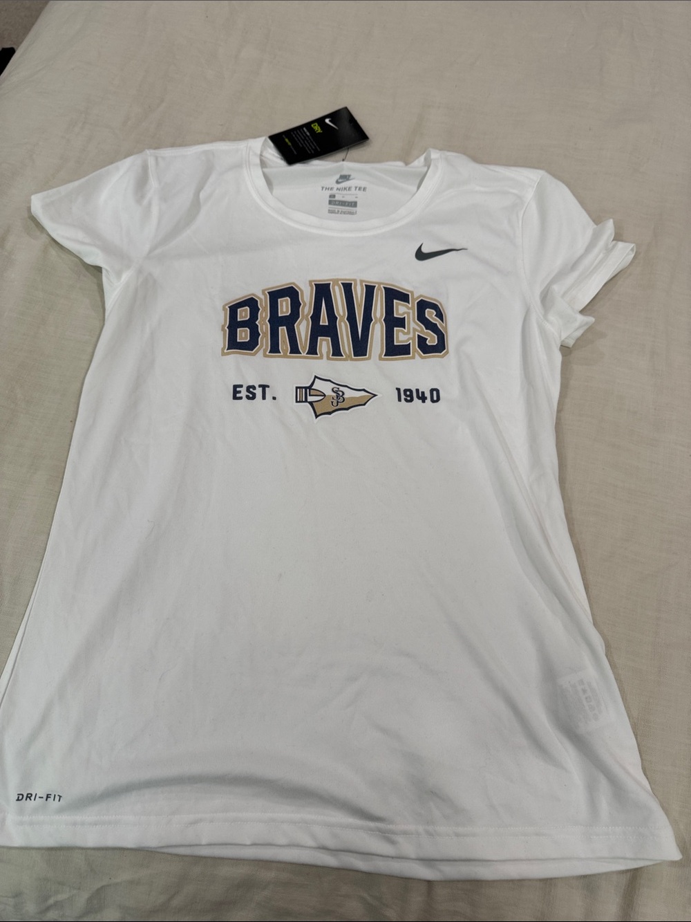 Nike White Braves Navy & Gold Logo Tee